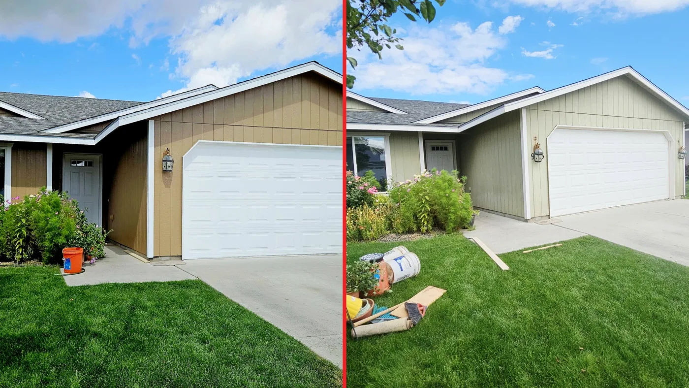 Front-angle exterior repaint — before and after